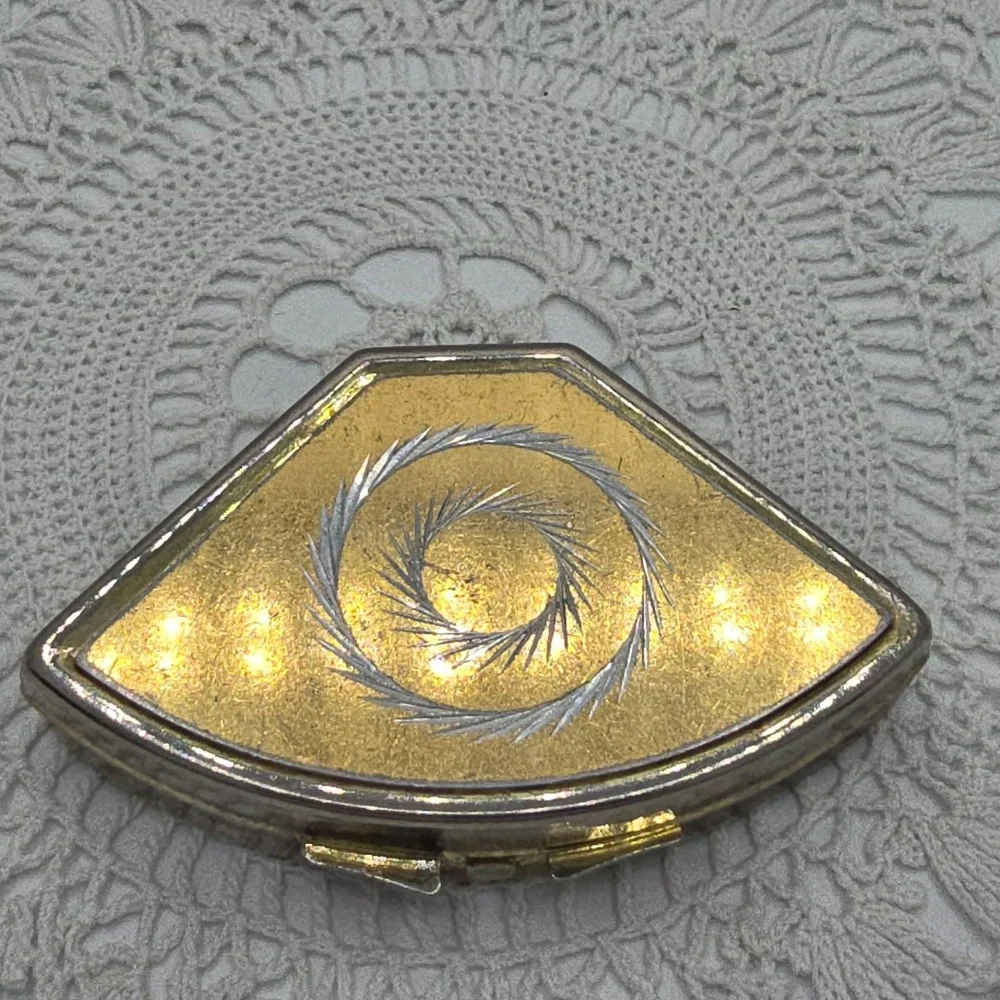 Vintage Pill Box Hong Kong Mixed Metals Gold Tone Sunburst Triangular Compact